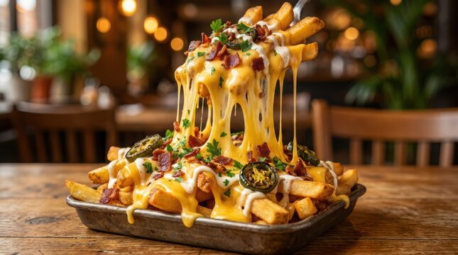 Loaded cheese fries with melted cheese pull bacon and jalapenos on a rustic wooden table.