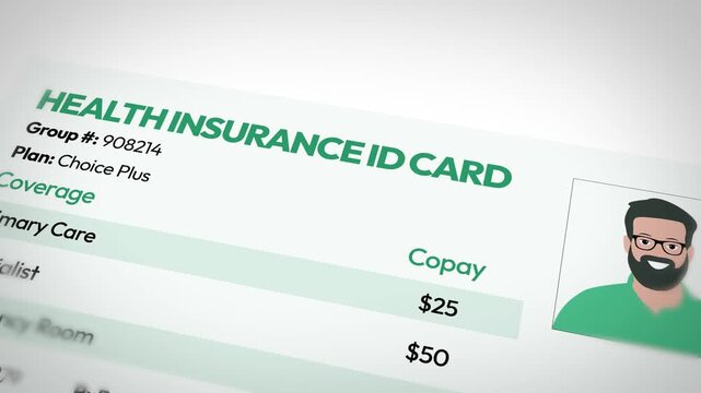 Health insurance ID card close up showing copay costs and plan details with illustrated avatar 4k footage background design