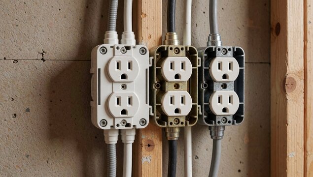 Electrical outlets attached wooden wall white color have multiple sockets connected cable runs along left side