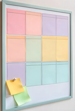 Time management and project planning, blank colorful sticky notes on a wall calendar board for organization and productivity in a modern office workspace