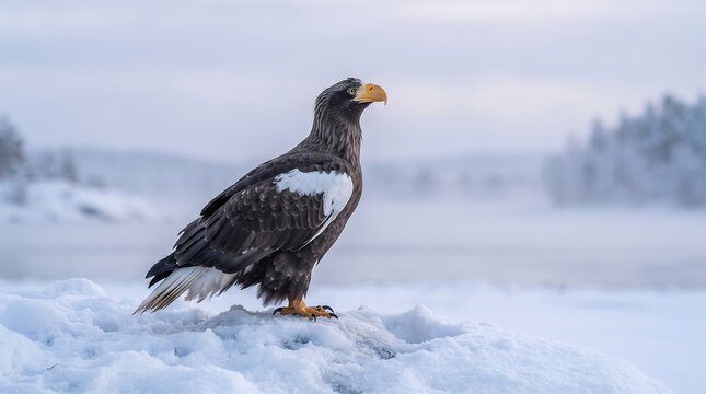 Steller's sea eagle standing on snow in winter landscape stock photo