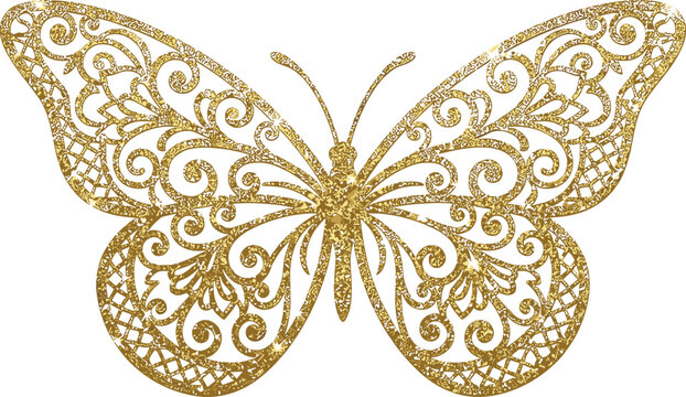 Luxury golden glitter butterfly vector element featuring an elegant ornate laser cut lace wing pattern isolated on white background card design