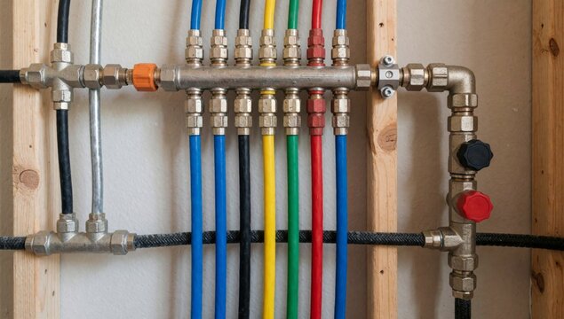 Close-up wooden panel multiple pipes valves attached different colors blue green yellow red black arranged hor