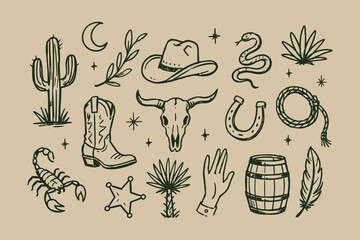 Western Cowboy and Desert Symbols Hand Drawn Doodle Set © Victoria