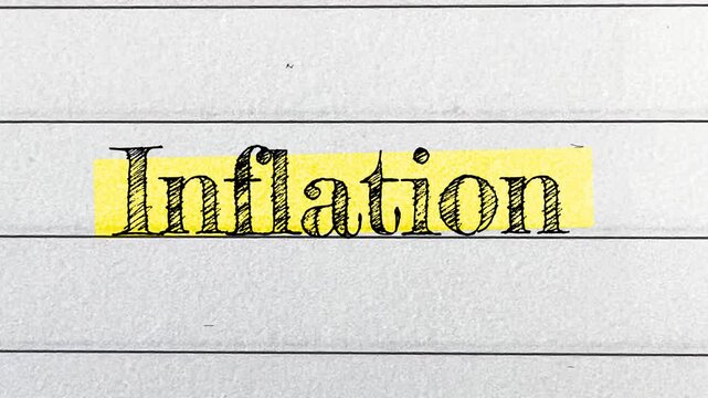 Inflation animated text in black with yellow highlight moving on crumpled paper background 4k footage for finance concept