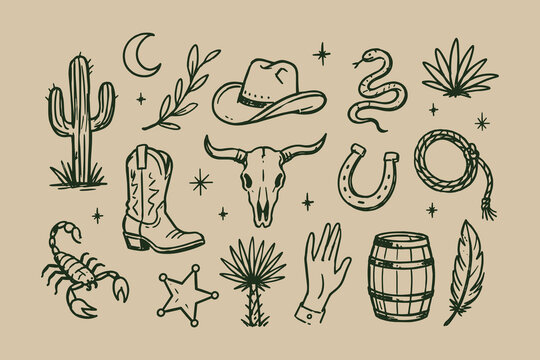Western Cowboy and Desert Symbols Hand Drawn Doodle Set
