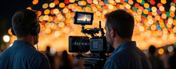 Professional cameraman operates cinema camera on tripod at night event. Technician wears headphones to monitor audio filming colorful bokeh lights. Film crew records video footage at festive outdoor © Raisa