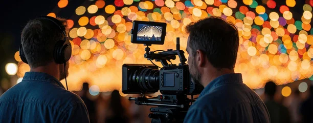Professional cameraman operates cinema camera on tripod at night event. Technician wears headphones to monitor audio filming colorful bokeh lights. Film crew records video footage at festive outdoor © Raisa
