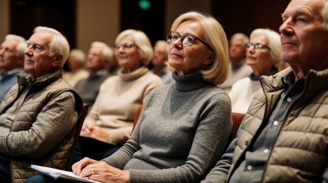 Diverse group of senior retirees attend financial planning workshop. Elderly people listen to presentation about investment strategy, retirement accounts. Mature men, women learn money management