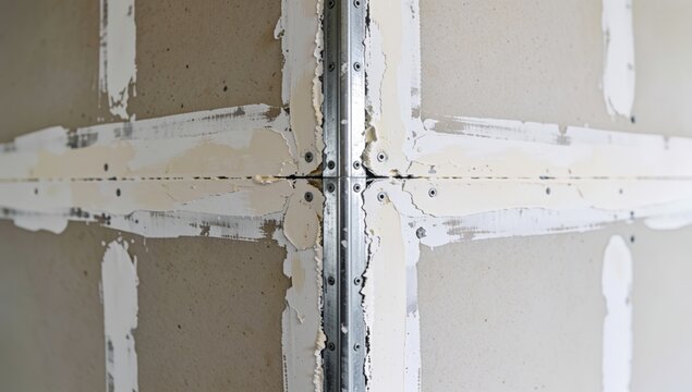 Close-up wall metal frame attached appears made screws covered white paint which peeling areas chipping away e