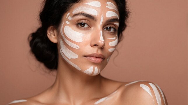 Woman with vitiligo applies white clay mask on face and shoulders. Skincare routine, natural beauty, self care, facial treatment. Studio shot.