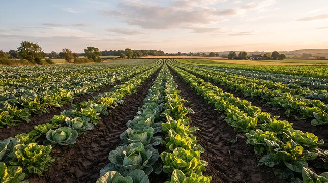 Fresh cabbage and lettuce farm field under golden hour sunlight stock photo