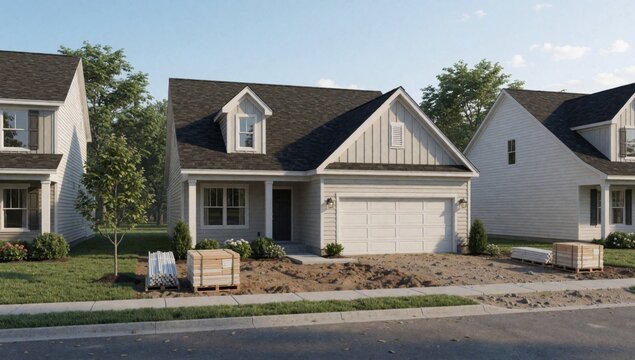 Two-story house white exterior gray roof has large front porch black door windows there garage center small ri