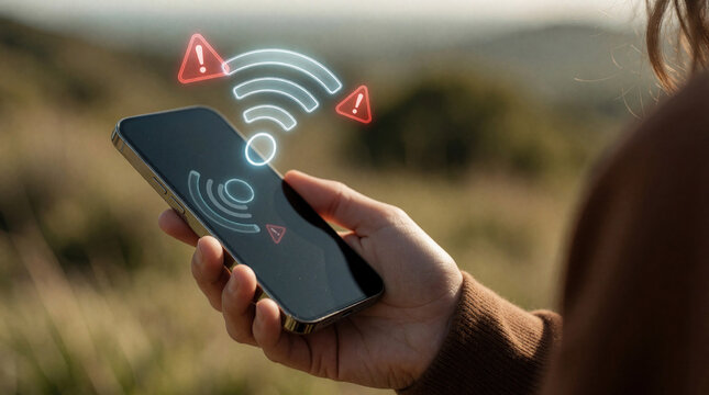 Person holds smartphone outdoors in nature. Weak wifi signal icon with red warning alert appears on screen. Mobile connection problem occurs in remote area. Unstable wireless network disruption