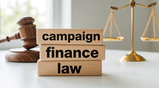 Wooden blocks spell campaign finance law beside a gavel and scales of justice. Legal symbols for election funding regulations and political money.