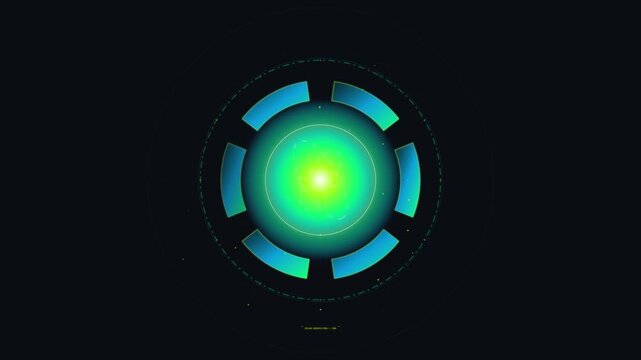 Motion graphic animation of a glowing solar orb with rotating solar panels and green smart energy grid with light pulses on transparent background.
