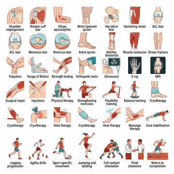 Illustration displays various methods used in sports medicine for rehabilitation of injuries, including anatomy and therapeutic exercises.
