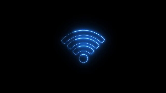 Glowing blue neon wifi symbol with animated signal waves on dark background loop.