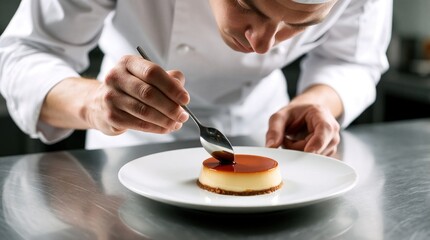 Fototapeta premium Professional pastry chef decorates gourmet dessert with caramel sauce in restaurant kitchen. Male cook uses spoon to garnish sweet cheesecake on white plate. Fine dining chef works on creative