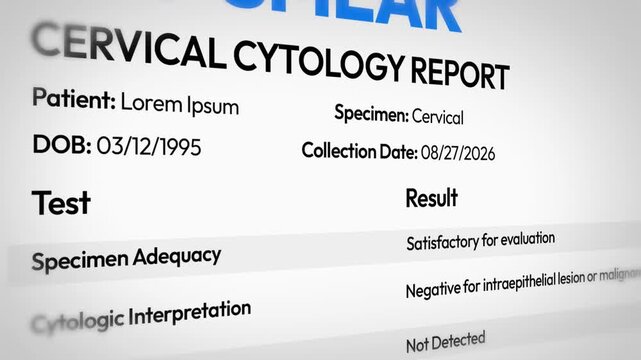Pap smear cervical cytology report close up showing specimen adequacy and HPV testing results 4k footage medical concept background