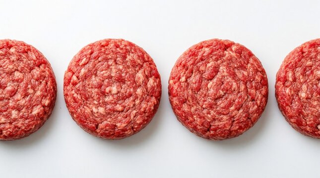 Raw ground beef patties arranged in a row on a white surface. These fresh, unprocessed meat rounds are ready for cooking burgers or meatballs. Perfect ingredient for a delicious meal.