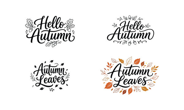 A collection of artistic autumn themed hand drawn lettering designs featuring creative ypography and seasonal fall leaf illustrations