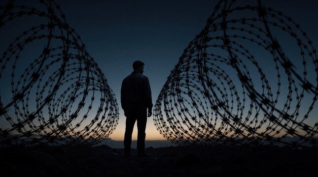 Man stands between concertina wire coils at dusk. Dark silhouette faces away from camera towards twilight sky, contemplating obstacle. Hope for freedom against confinement.