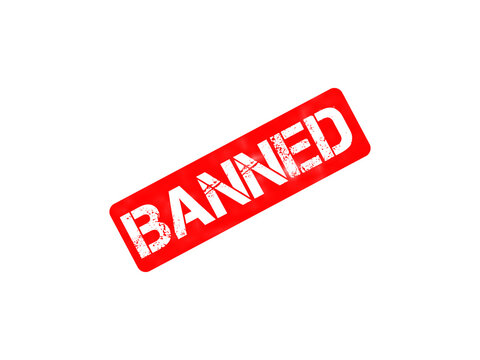 Red banned stamp icon, grunge rubber stamp with banned text, restricted and prohibited sign isolated on white background