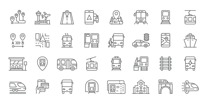 Public Transport icons in line design. public transport, bus, train, subway, tram, ticket, station on white background vector. Public Transport editable stroke icons.