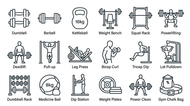 Fitness & Gym Equipment Icons: Dumbbell, Kettlebell, Barbell, Weights