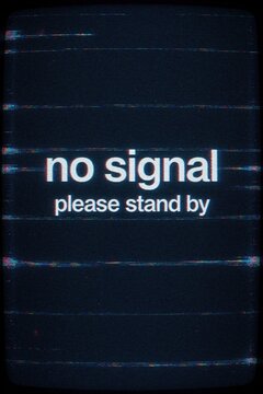 Television screen shows no signal message with please stand by text. Digital glitch lines, static noise distort old monitor display. Black background with colorful interference patterns on vintage