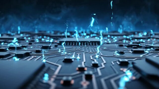 Computer circuit board glowing with blue electric energy pulses showing complex digital processing motion in this dynamic high tech animation