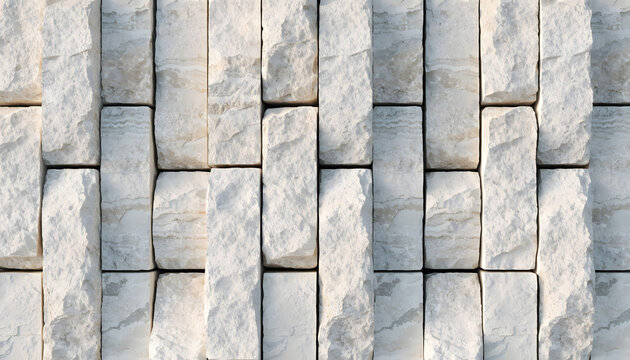 White textured stone brick wall facade. Modern architectural masonry and cladding texture. Chiseled natural stone blocks forming exterior surface pattern
