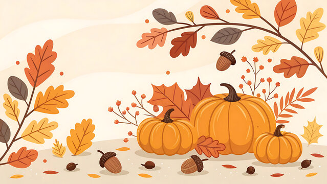 Autumn scene with pumpkins and falling leaves