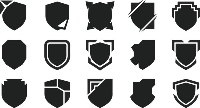 Set of black shield icons representing security protection safety defense and cyber security in various geometric shapes
