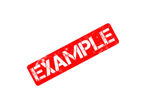 Red grunge example stamp, distressed rubber stamp icon with example text, textured ink watermark on white background