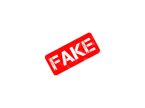 Red fake stamp icon, distressed grunge rubber stamp with fake text, warning mark isolated on white background