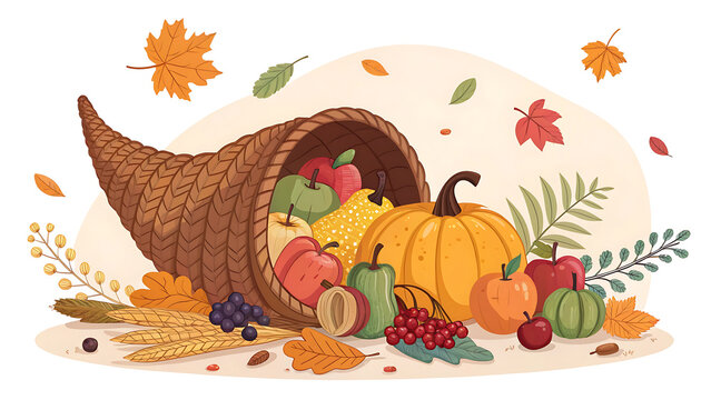 Decorative cornucopia with pumpkin and fall harvest fruits