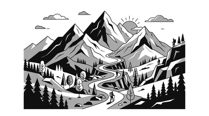 Fototapeta premium Monochrome Nature Adventure Illustration with Mountain Range and Hiking Trail