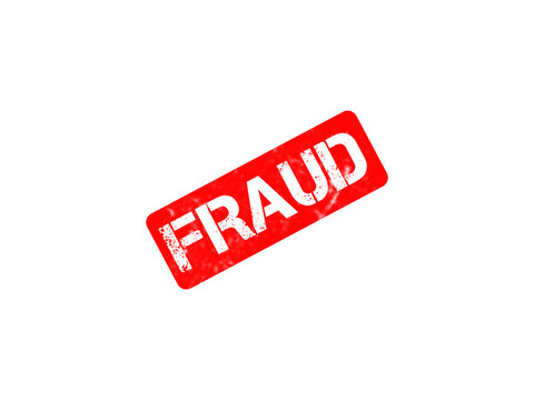 Red fraud rubber stamp on white background, grunge style fraud alert icon, textured warning sign for financial crime and security concepts