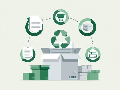 Illustration presents a reverse logistics process highlighting product return and recycling. The design uses a green and gray color scheme.