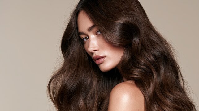 Studio beauty portrait: model with luxurious long hair and sophisticated makeup