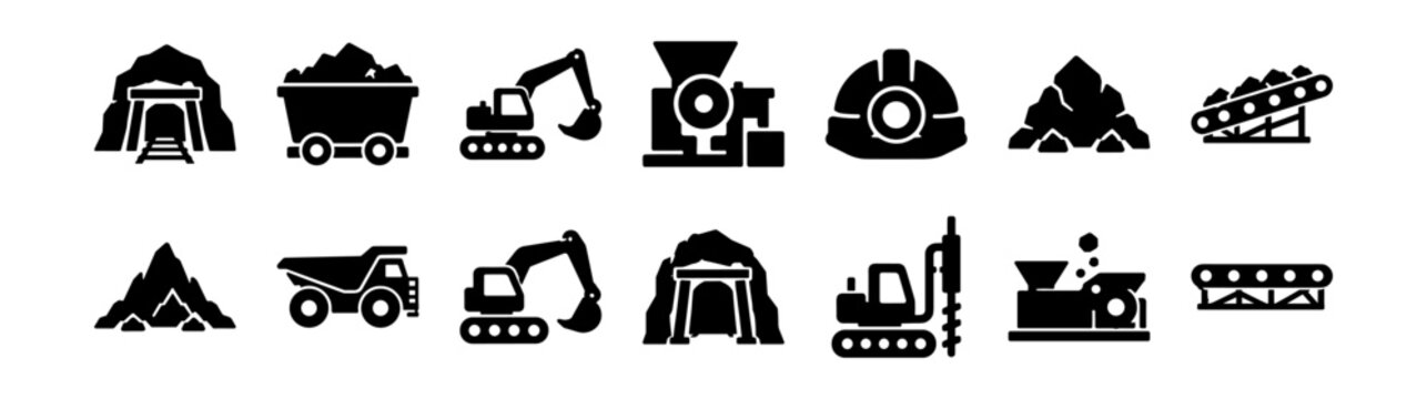 Set of black mining icons including mine entrance, ore cart, excavator, processing machine, helmet, conveyor belt, pile of rocks and drilling equipment on transparent background