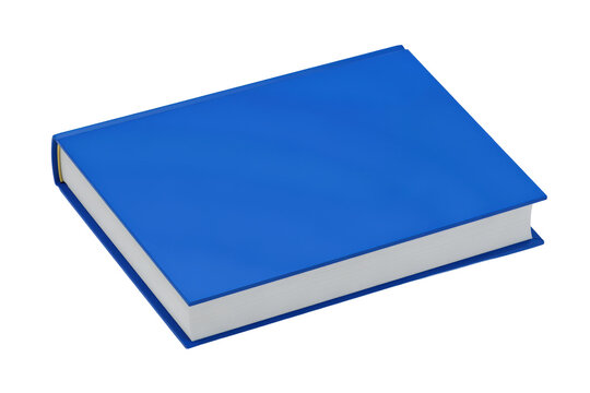 A closed rectangular book with a solid blue hard cover and white pages viewed from an elevated angle isolated on a transparent background