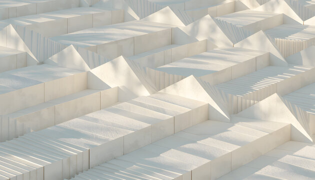Minimalist white architectural geometric relief. Clean shadows and abstract structure. Sunlit concrete blocks forming repeating stepped pattern