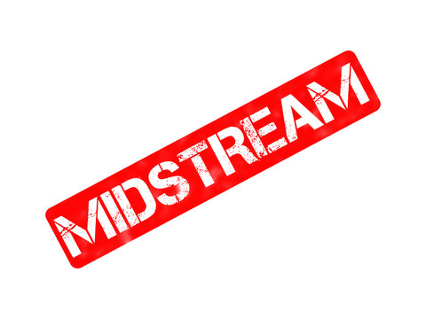 Midstream red rubber stamp, distressed grunge business stamp icon, textured ink seal on white background