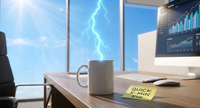 Surreal glowing miniature lightning bolt striking a ceramic coffee mug on a modern minimalist office desk under a blue sky