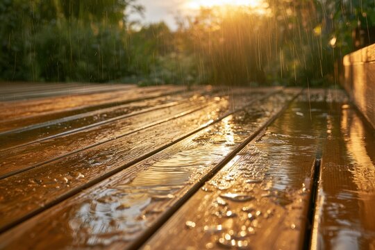 Summer rain on a wooden deck: glistening wet planks under warm light