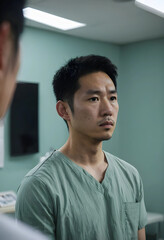 Obraz premium Healthcare burnout and medical stress, exhausted asian doctor listening to patient in hospital room during long shift with fatigue and mental pressure
