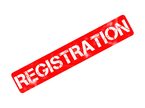 Red registration rubber stamp on white background, grunge registration mark icon, official document approval sign
